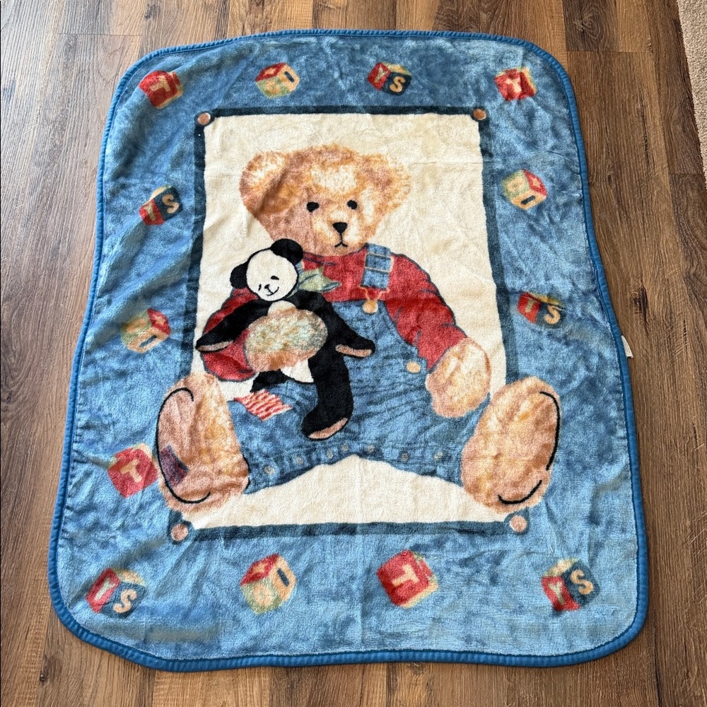 Welcome world Blue Jean Teddy Bear Polyester Acrylic Baby Blanket Blocks Panda